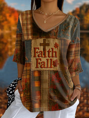 Women's Retro Casual Faith Cross Art Print Half-Sleeve T-Shirt