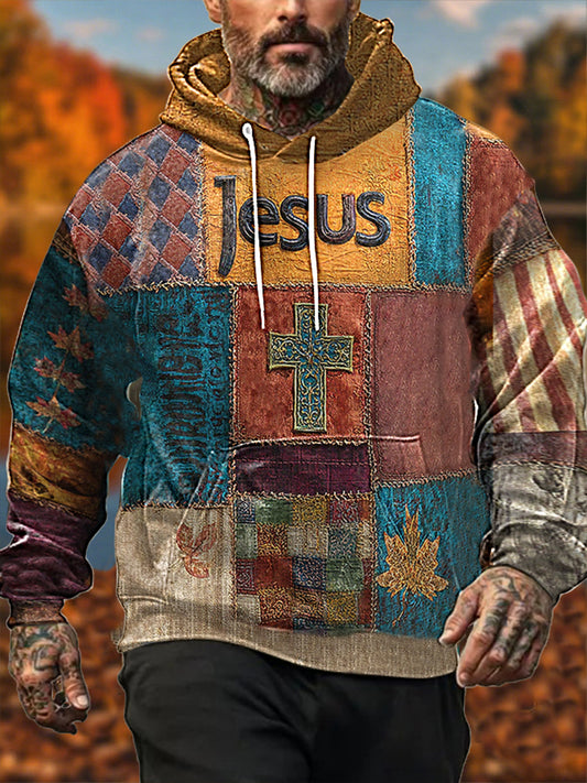 Men's Retro Casual Faith Cross Art Print Oversized Drop-Shoulder Pockets Hoodie