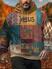 Men's Retro Casual Faith Cross Art Print Oversized Drop-Shoulder Pockets Hoodie
