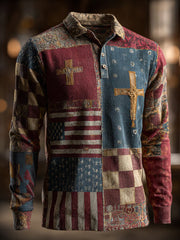 Men's Retro Casual Faith Cross Art Print Long Sleeve Top