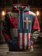 Men's Retro Casual Faith Cross Art Print Oversized Drop-Shoulder Pockets Hoodie