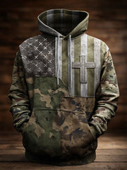 Men's Retro Casual Faith Cross Art Print Oversized Drop-Shoulder Pockets Hoodie