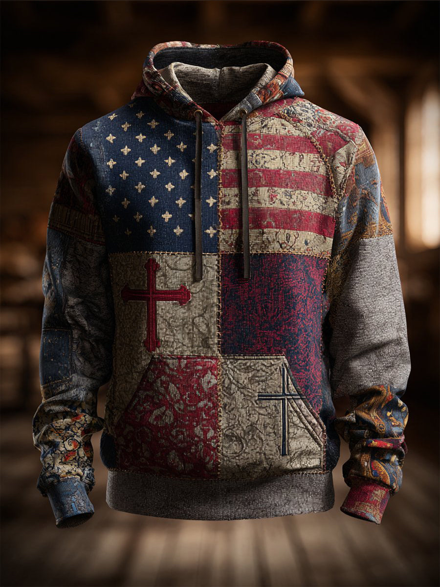 Men's Vintage Casual American Flag Cross Faith Oversized Drop-Shoulder Hoodie