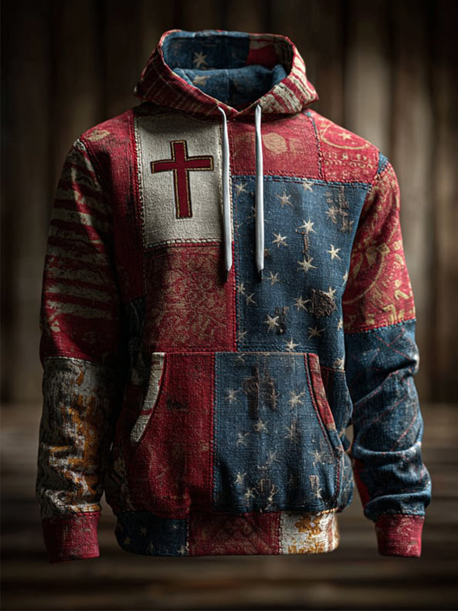 Men's Vintage Casual American Flag Cross Faith Oversized Drop-Shoulder Hoodie