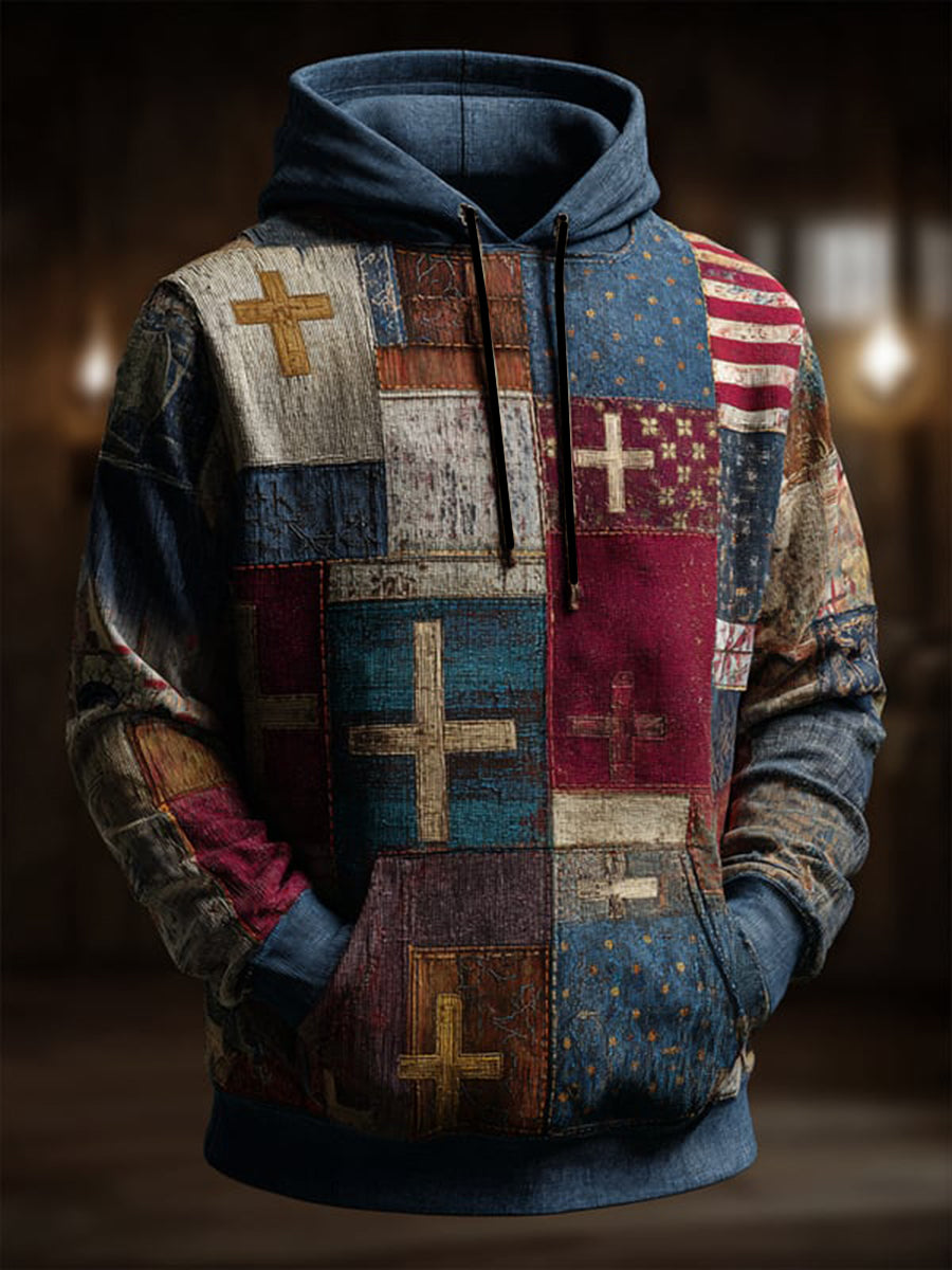Men's Vintage Casual American Flag Cross Faith Oversized Drop-Shoulder Hoodie