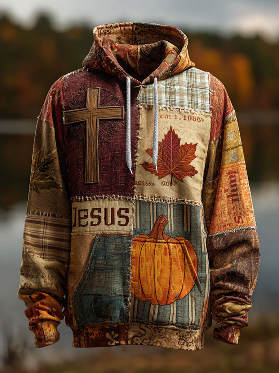 Men's Retro Casual Faith Cross Art Print Oversized Drop-Shoulder Pockets Hoodie