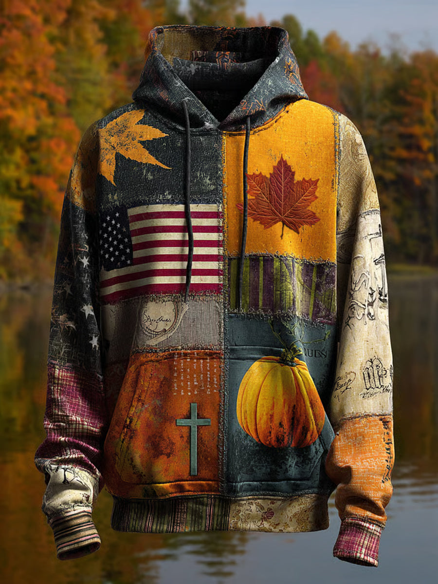 Men's Retro Casual Faith Cross Art Print Oversized Drop-Shoulder Pockets Hoodie