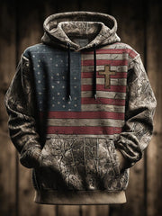 Men's Retro Western Casual Faith Cross Art Print Oversized Drop-Shoulder Pockets Hoodie