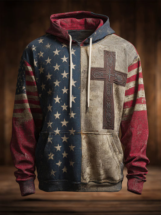 Men's Vintage Casual American Flag Faith Cross Oversized Drop-Shoulder Pockets Hoodie