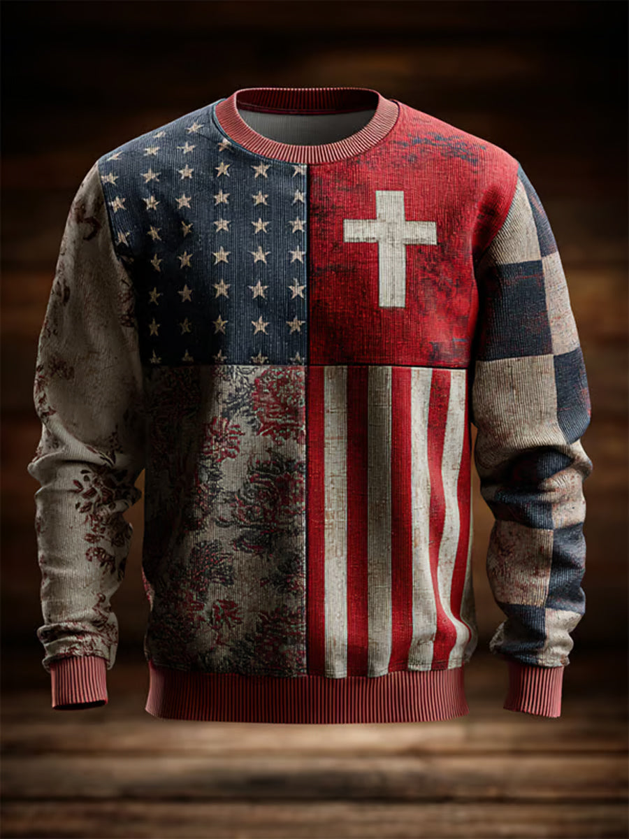 Men's Vintage Casual American Flag Cross Faith Pullover Sweatshirt