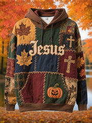 Men's Retro Casual Faith Cross Art Print Oversized Drop-Shoulder Pockets Hoodie