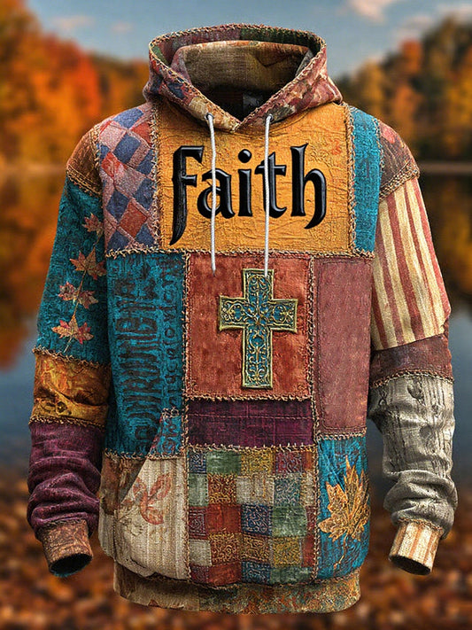 Men's Retro Casual Faith Cross Art Print Oversized Drop-Shoulder Pockets Hoodie