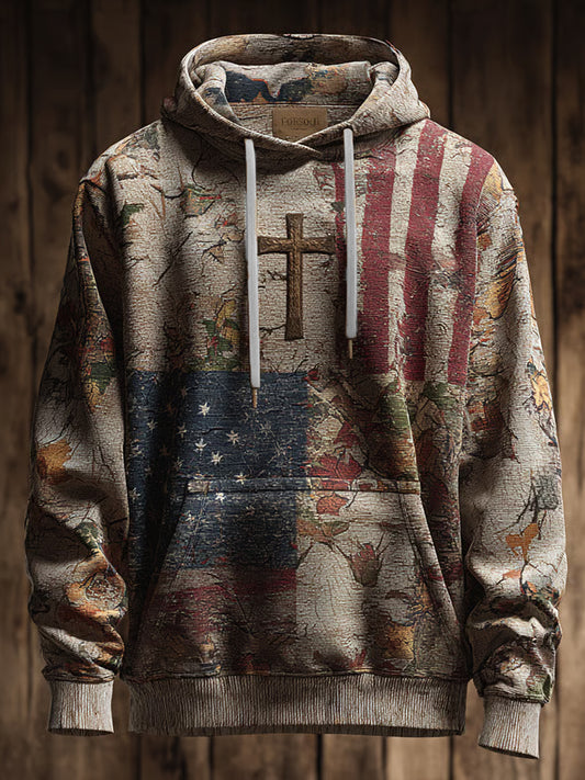 Men's Retro American Flag Faith Cross Art Print Oversized Drop-Shoulder Pockets Hoodie