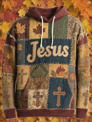Men's Retro Casual Faith Cross Art Print Oversized Drop-Shoulder Pockets Hoodie
