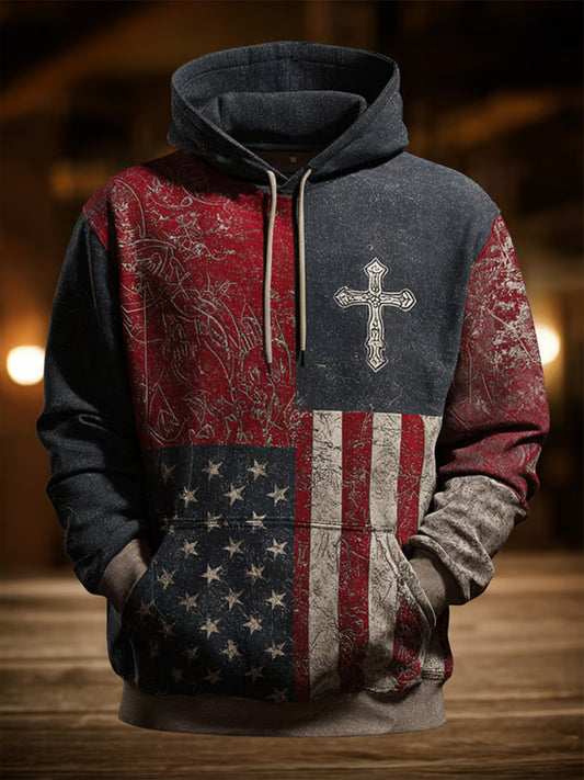 Men's Retro Casual Faith Cross Art Print Oversized Drop-Shoulder Pockets Hoodie