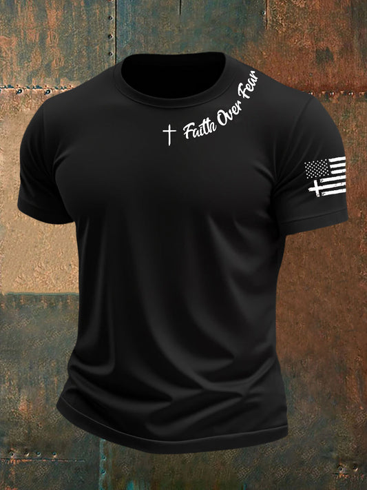 Men's  Faih Over Fear Flag Cross Print Short Sleeve T-Shirt
