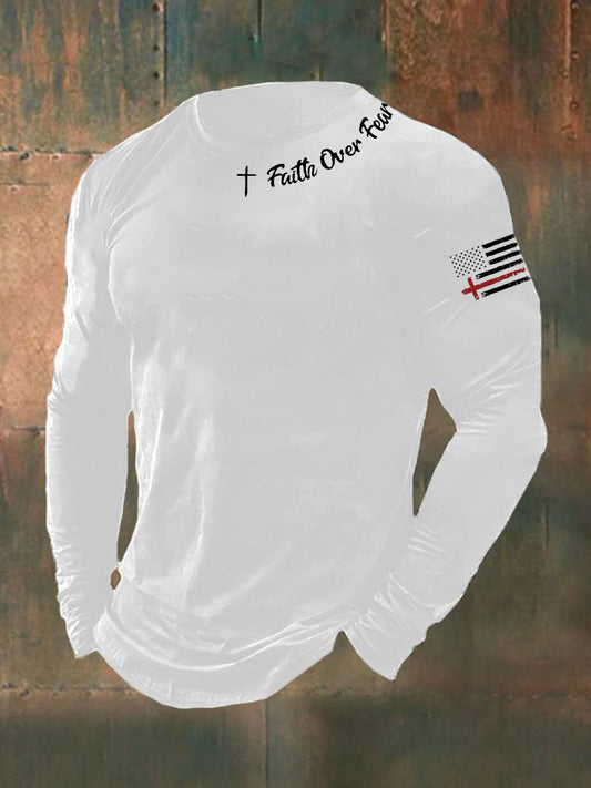 Men's Faih Over Fear Flag Cross Print  Long Sleeve T-shirt