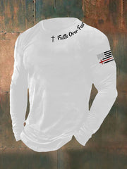 Men's Faih Over Fear Flag Cross Print  Long Sleeve T-shirt