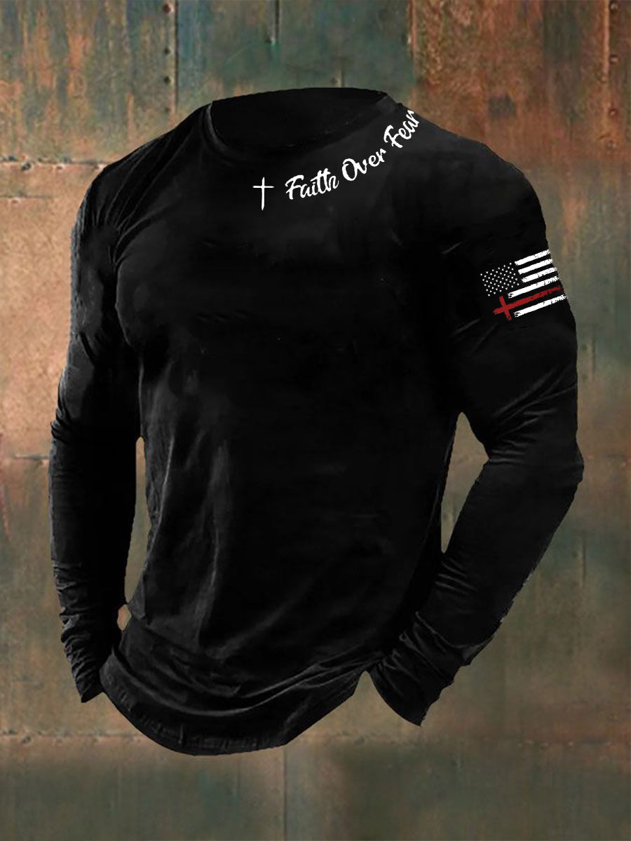 Men's Faih Over Fear Flag Cross Print  Long Sleeve T-shirt