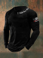 Men's Faih Over Fear Flag Cross Print  Long Sleeve T-shirt