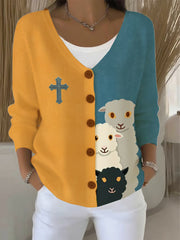 Women's Faith Cross Cute  Lamb Print Casual Cardigan