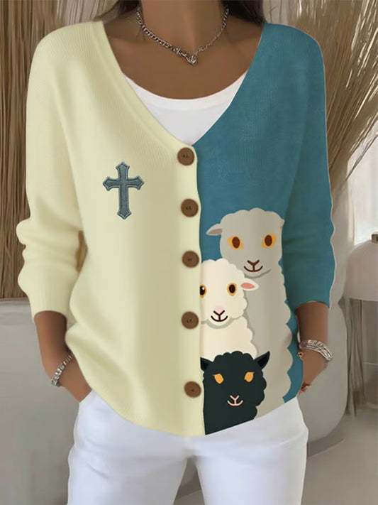 Women's Faith Cross Cute  Lamb Print Casual Cardigan