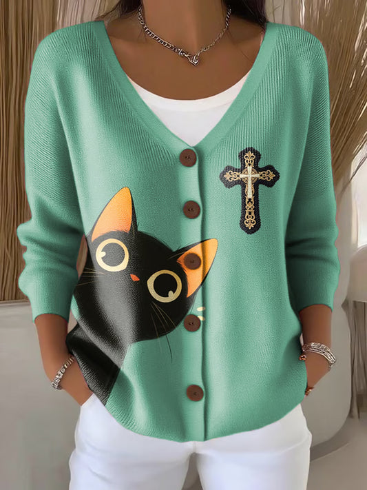 Women's Faith Cross Cute Cat Print Casual Cardigan