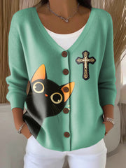 Women's Faith Cross Cute Cat Print Casual Cardigan