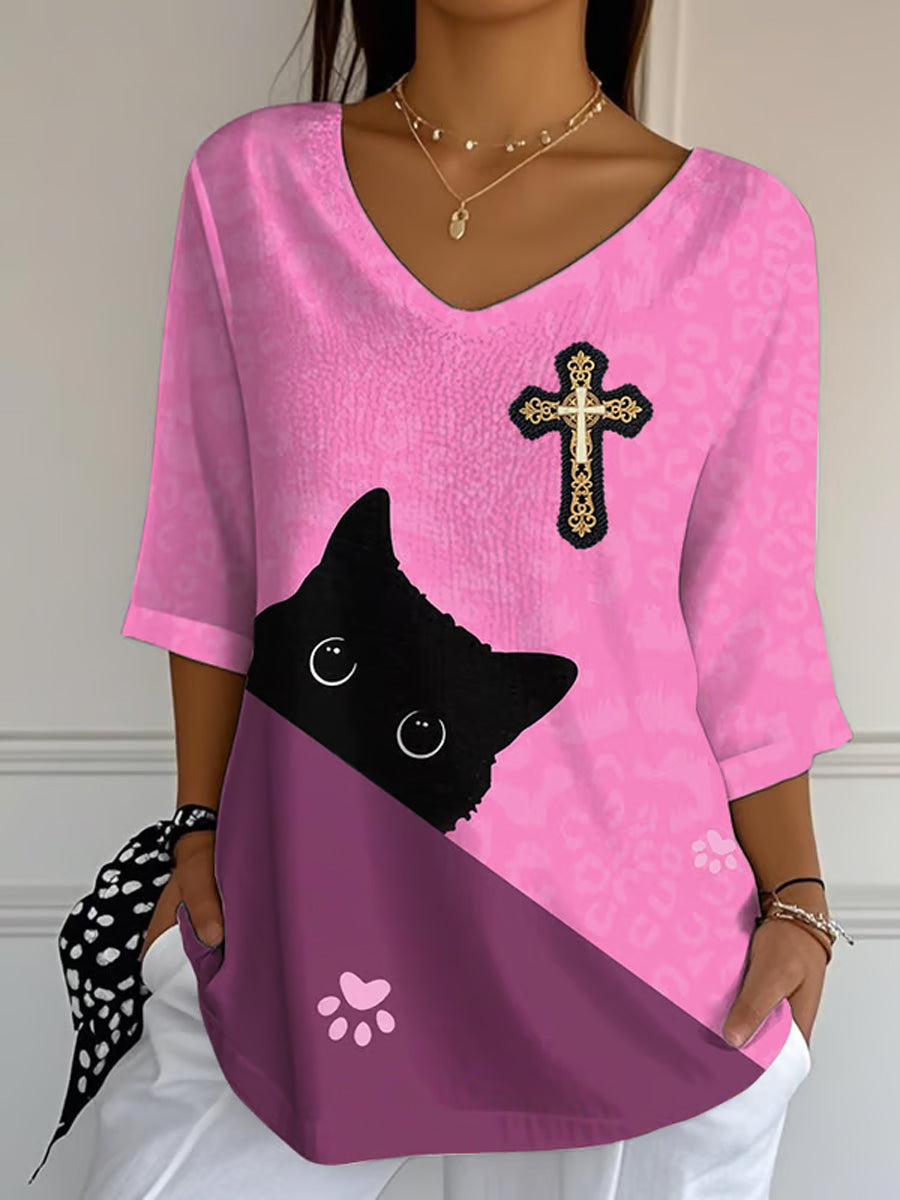 Women's Faith Cross Cute Cat Print Casual  T-Shirt