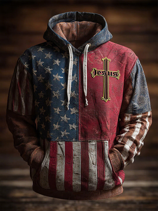 Men's Retro Casual Faith Cross Art Print Oversized Drop-Shoulder Pockets Hoodie