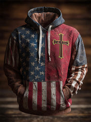 Men's Retro Casual Faith Cross Art Print Oversized Drop-Shoulder Pockets Hoodie