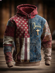 Men's Retro Casual Faith Cross Art Print Oversized Drop-Shoulder Pockets Hoodie