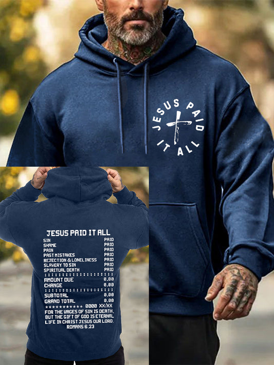 Men's Bible Verse Jesus Paid It All  Cross Hooded Sweatshirt