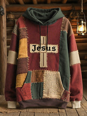 Men's Retro Casual Faith Cross Art Print Oversized Drop-Shoulder Pockets Hoodie