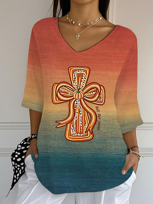 Women's Fall For Jesus Cross Printed V-Neck Top