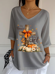Women's Give Thanks To The Lord For He Is Good Psalm 136:1 Cross Printed V-Neck Top