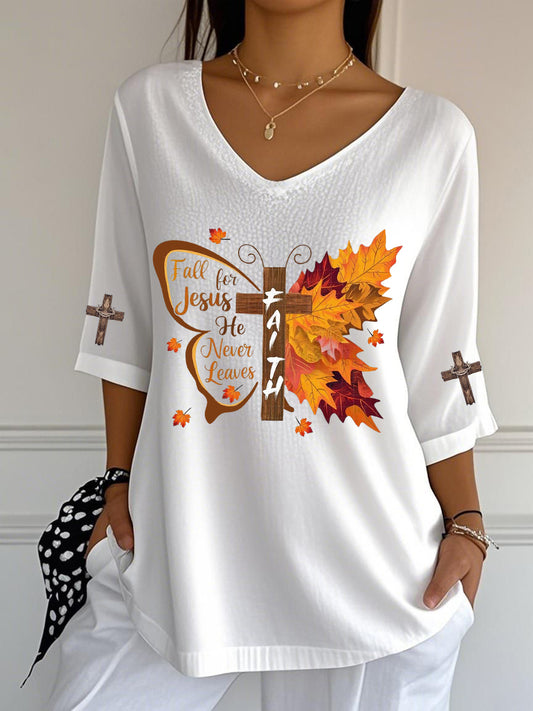 Women's Fall For Jesus Faith  Cross Printed V-Neck Top