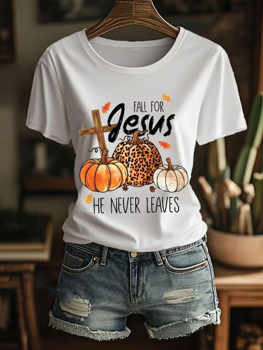 Women's Fall For Jesus, He Never Leaves Cross Short Sleeve T-Shirt