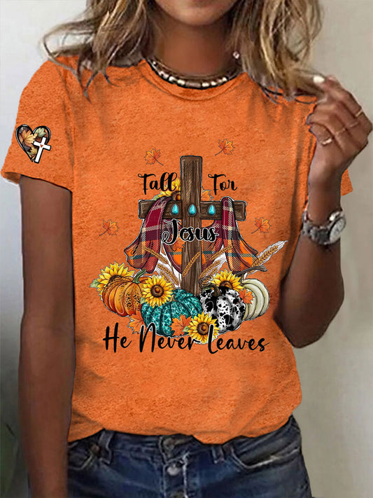 Women's Fall For Jesus, He Never Leaves Cross Short Sleeve T-Shirt