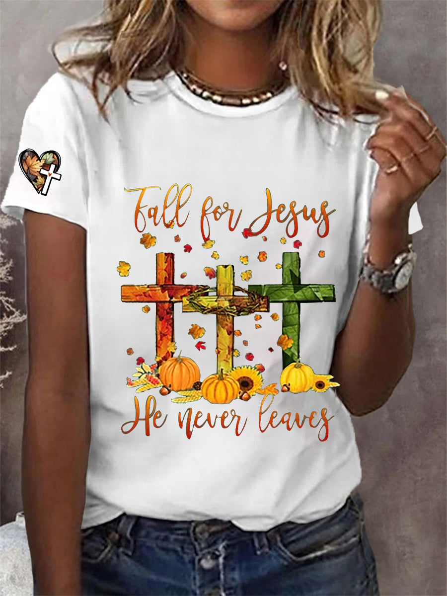 Women's Fall For Jesus, He Never Leaves Cross Short Sleeve T-Shirt