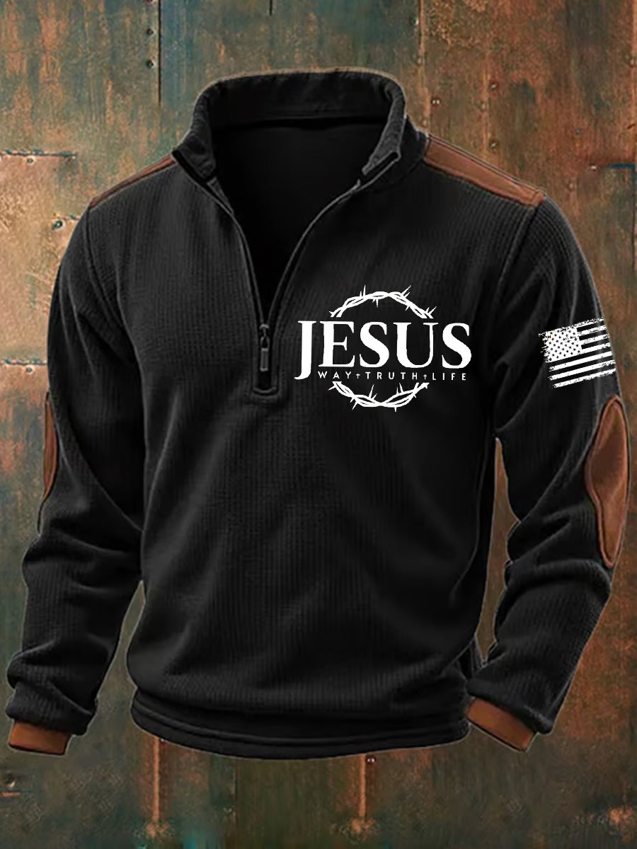 Men's Faith Cross Print Zipper Stand Collar Sweatshirt