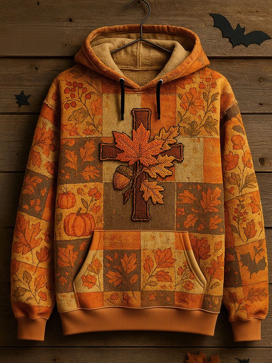 Men's Retro Casual Faith Cross Art Print Oversized Drop-Shoulder Pockets Hoodie