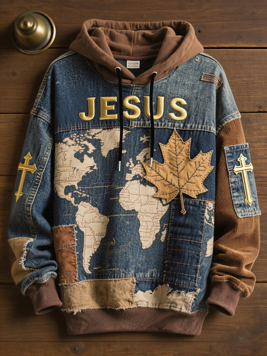 Men's Retro Casual Faith Cross Art Print Oversized Drop-Shoulder Pockets Hoodie