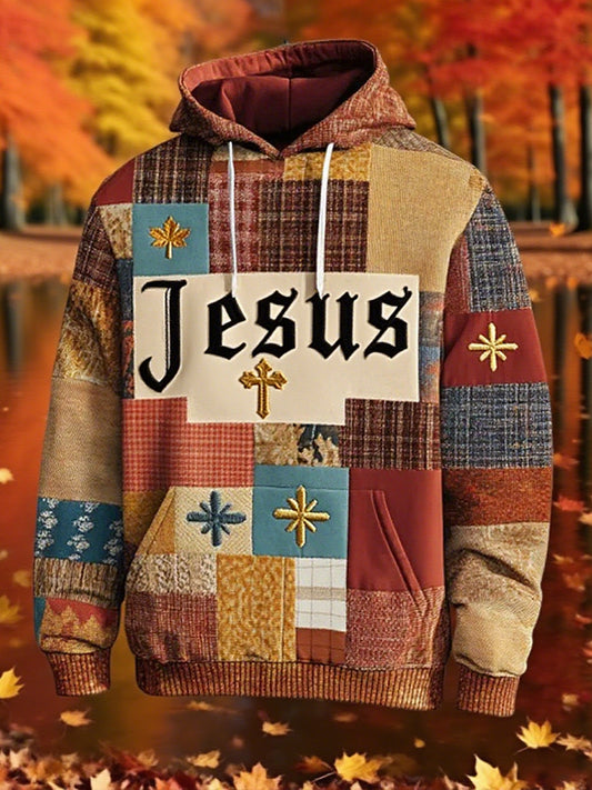 Men's Retro Casual Faith Cross Art Print Oversized Drop-Shoulder Pockets Hoodie