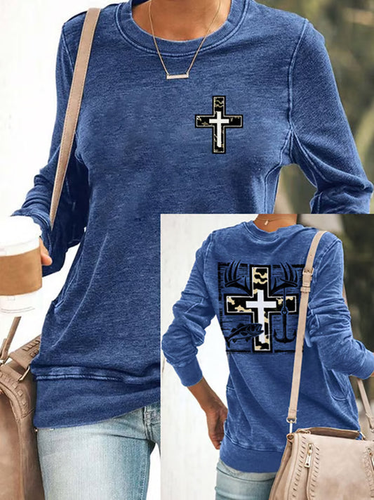 Women's Retro Faith Fishing Hunting Printed Casual Sweatshirt