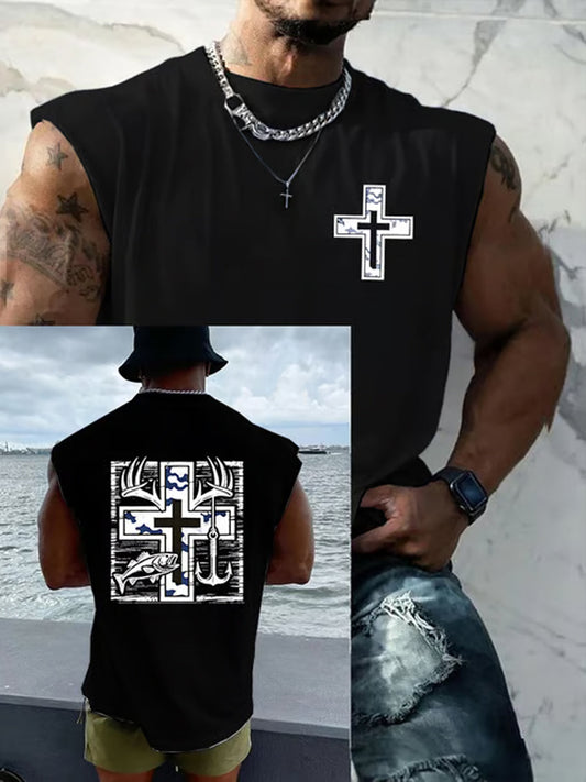 Men's Retro Faith Fishing Hunting Print Round Neck Tank Vests