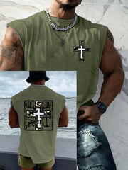 Men's Retro Faith Fishing Hunting Print Round Neck Tank Vests