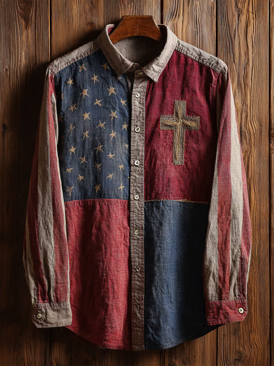 Men's Vintage American Flag Faith Cross Long-Sleeve Shirt