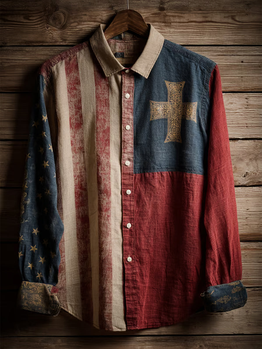 Men's Vintage American Flag Faith Cross Long-Sleeve Shirt