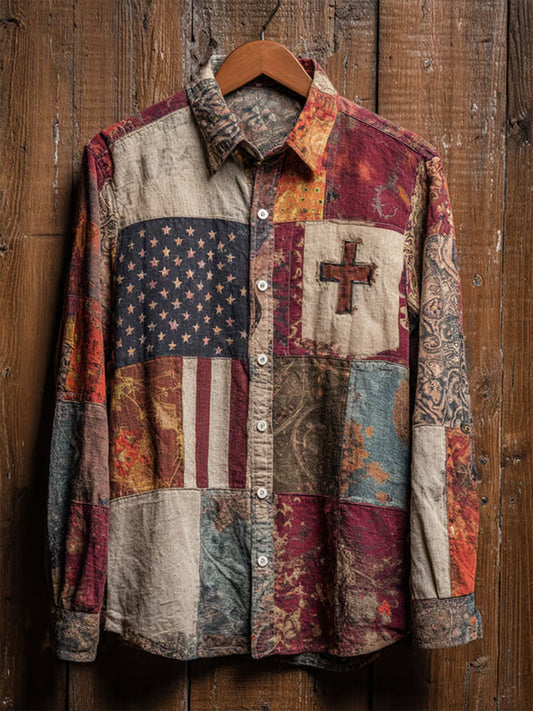 Men's Vintage American Flag Faith Cross Long-Sleeve Shirtt